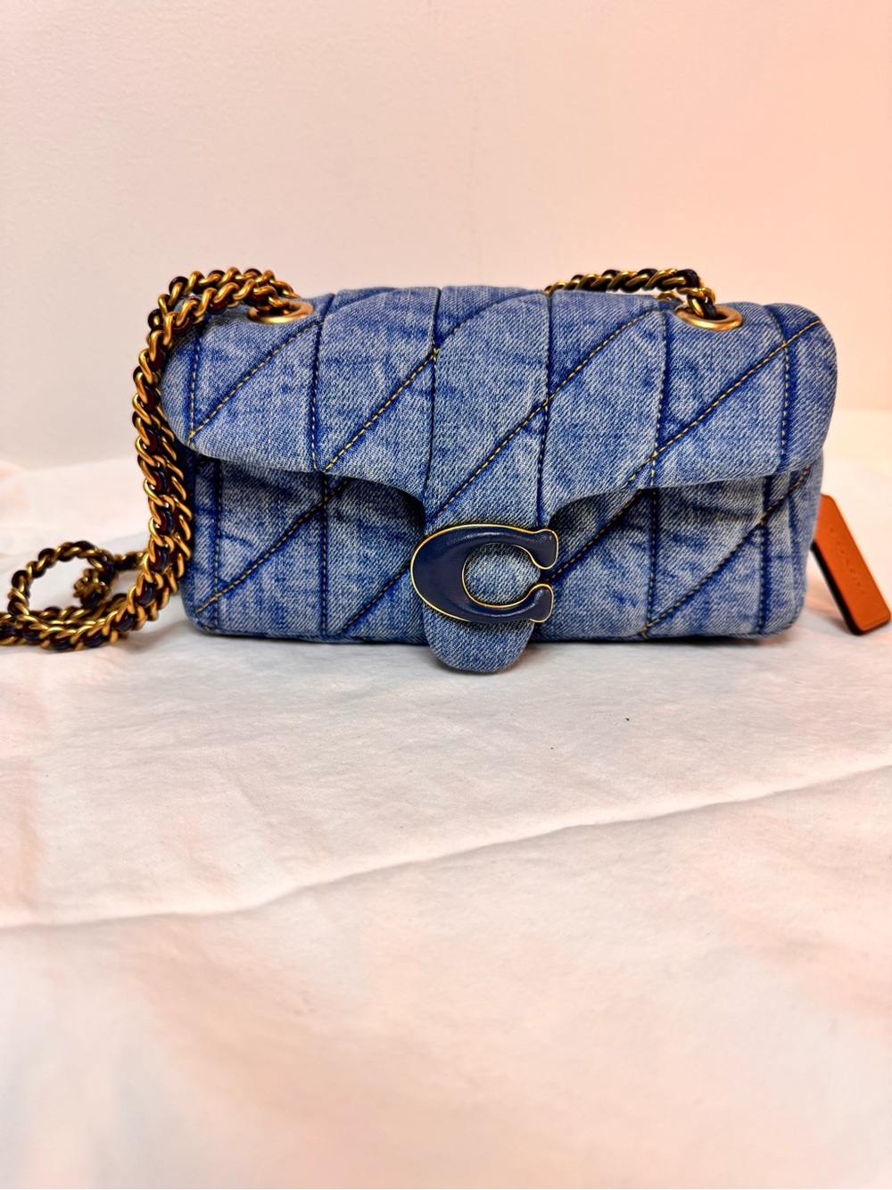 Coach Light Blue Quilted Denim Crossbody with Gold Chain
